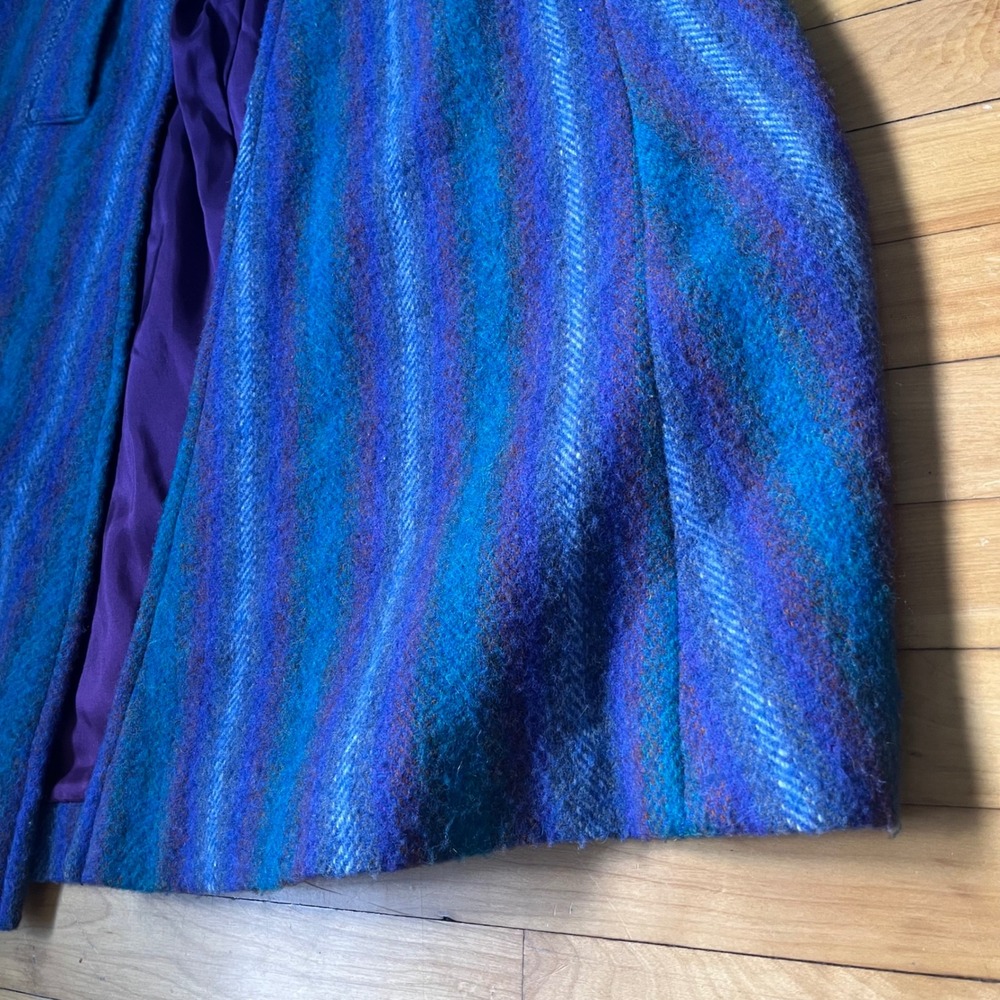 Vintage Hourihan Irish Pure Wool Striped Cape Blue Purple Button Made in Ireland - Picture 3 of 13